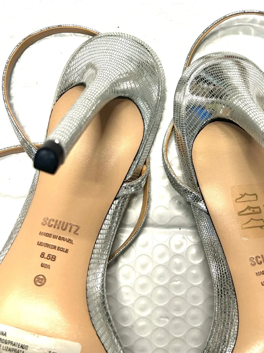 SCHUTZ Silver Metallic Straps Sandals Square Toe Stiletto Heels 3.5-4 Sz 8.5